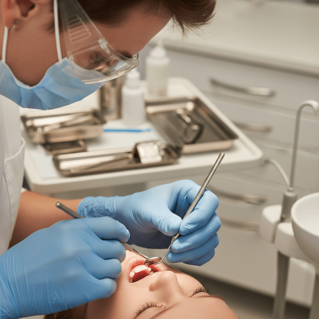 Pediatric dentist examining child's teeth