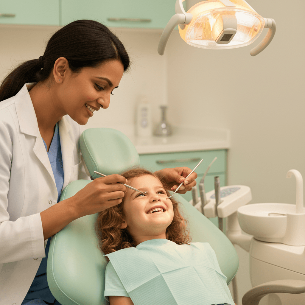 Pediatric dentist examining a smiling child patient